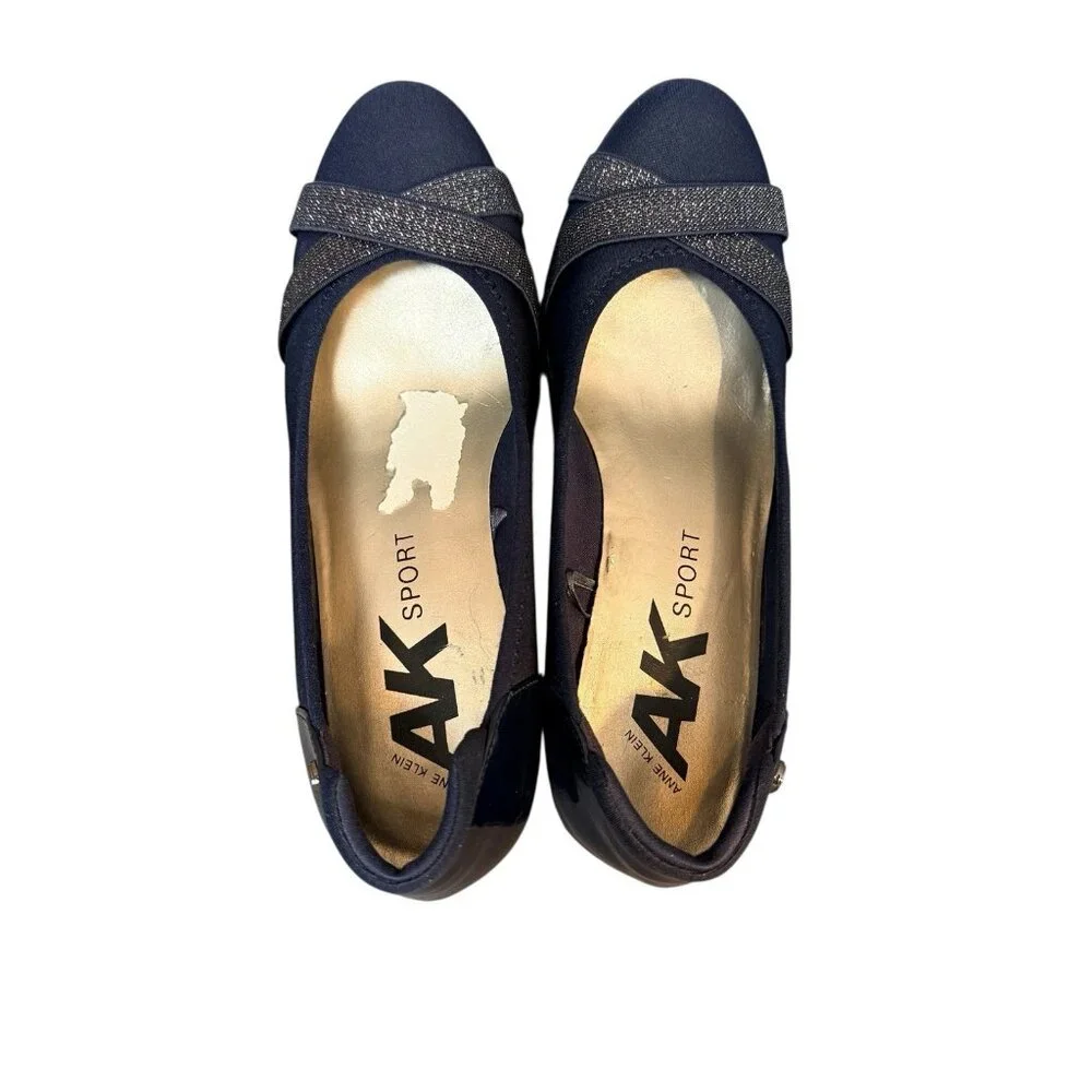 Anne Klein Sport Blue Glittering Criss Cross Strap Accent Slip On Wedges 8.5 - Picture 8 of 8